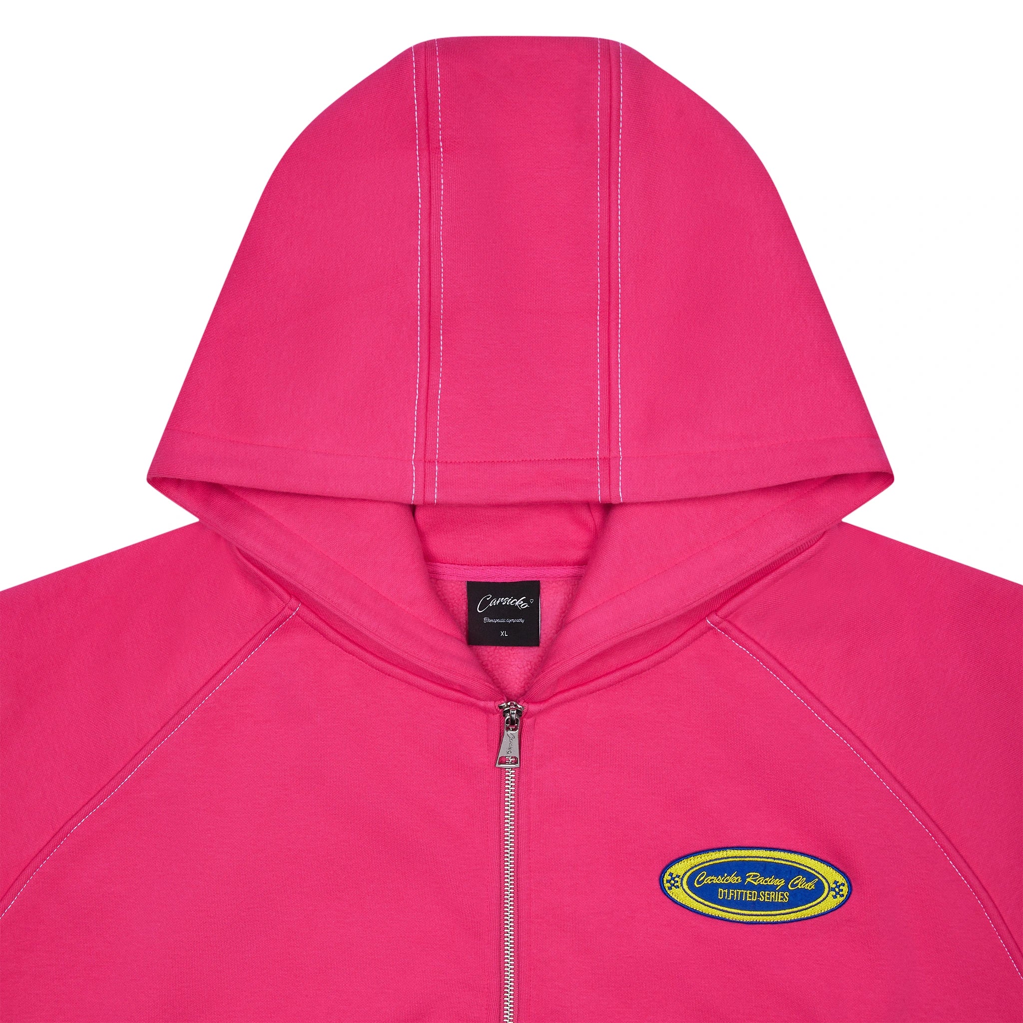 Hood view of Carsicko Racing Club Pink Hoodie